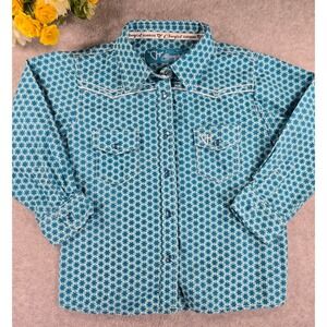 Cowgirl Hardware Toddler Girls Blue Geometric Western Pearl Snap Shirt 4T